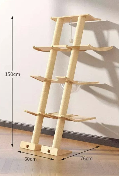 PG-0476 Estrutura de escalada dupla para gatos inclinada de quatro níveis Móveis de parede para gatos Escalada para ambientes internos ativos com cama de gato Rede Poleiro de escalada para janela ou parede 