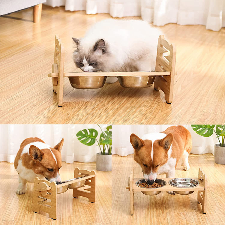 PG-0287 Tigelas elevadas para cães, tigela elevada para cães com 6 alturas ajustáveis, proteção de pescoço com inclinação de 15 ° Suporte para tigela para cães de bambu com 2 tigelas para cães de aço inoxidável para cães e gatos pequenos e médios 