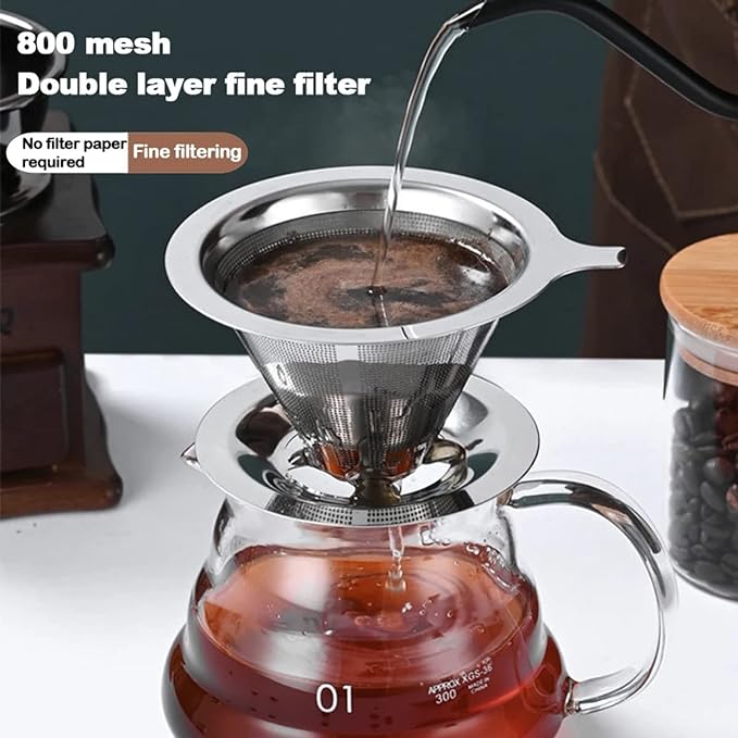 PG-0168  Pour Over Coffee Dripper, Stainless Steel Reusable Coffee Filter Double Mesh Design of Metal Cone Filter for Perfect Extraction