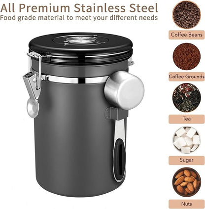 PG-0182  Coffee Canister, Airtight Stainless Steel Kitchen Food Storage Container with Date Tracker and Scoop for Grounds Coffee, Beans, Tea, Flour, Cereal, Sugar