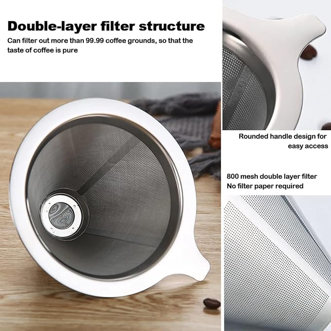 PG-0168  Pour Over Coffee Dripper, Stainless Steel Reusable Coffee Filter Double Mesh Design of Metal Cone Filter for Perfect Extraction