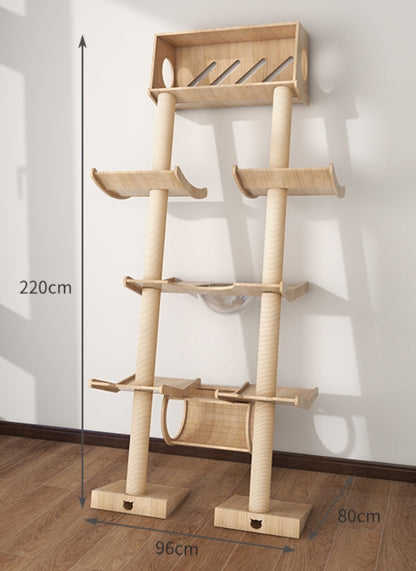 PG-0478 Estrutura de escalada dupla para gatos inclinada de quatro níveis com gatil Móveis de parede para gatos Escalada para gatos em ambientes internos ativos com cama de gato Rede Poleiro de escalada para janela ou parede 