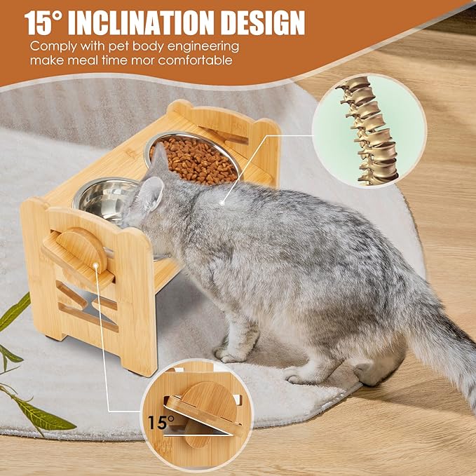 PG-0287 Tigelas elevadas para cães, tigela elevada para cães com 6 alturas ajustáveis, proteção de pescoço com inclinação de 15 ° Suporte para tigela para cães de bambu com 2 tigelas para cães de aço inoxidável para cães e gatos pequenos e médios 