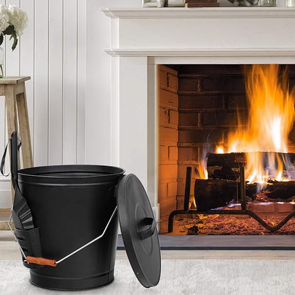 PG-0214  Ash Bucket with Lid and Shovel 5.15 Gallon Large Galvanized Metal Coal and Hot Ash Pail for Fireplace